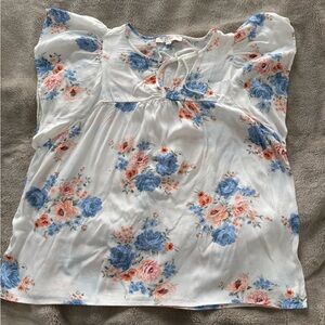 Women’s LOFT Floral Blouse - White and Blue- XL